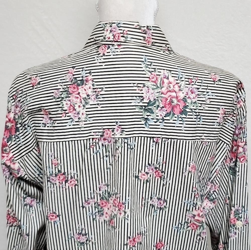 Casey & Max Vintage 80s Mixed Media Floral Striped Hi-low Button Up Blouse L - Picture 12 of 15